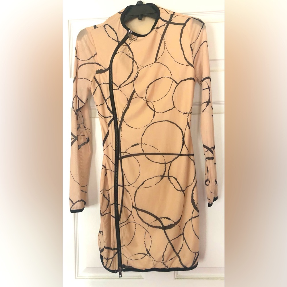 Beige Long-Sleeve Mini Dress with Black Circle Print
